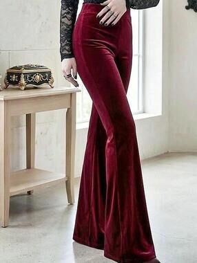 Burgundy velvet flare pants with elastic waistband